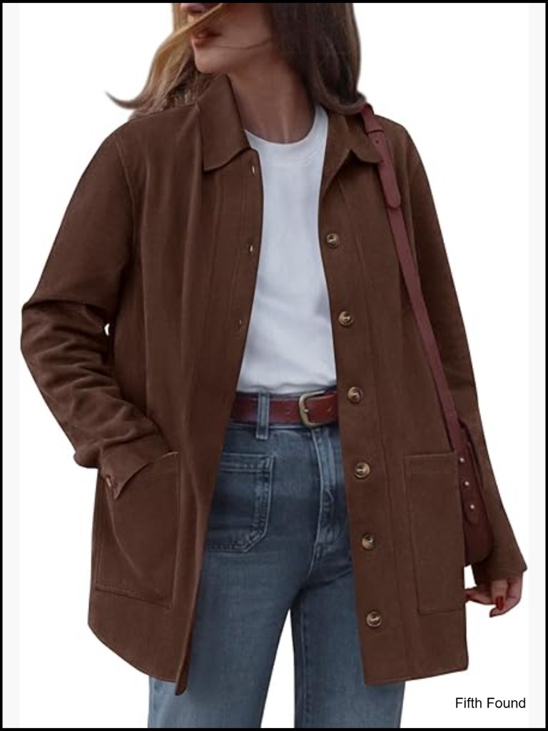 Women Faux Suede Button Down Jacket Long Sleeve Lightweight Winter Coat